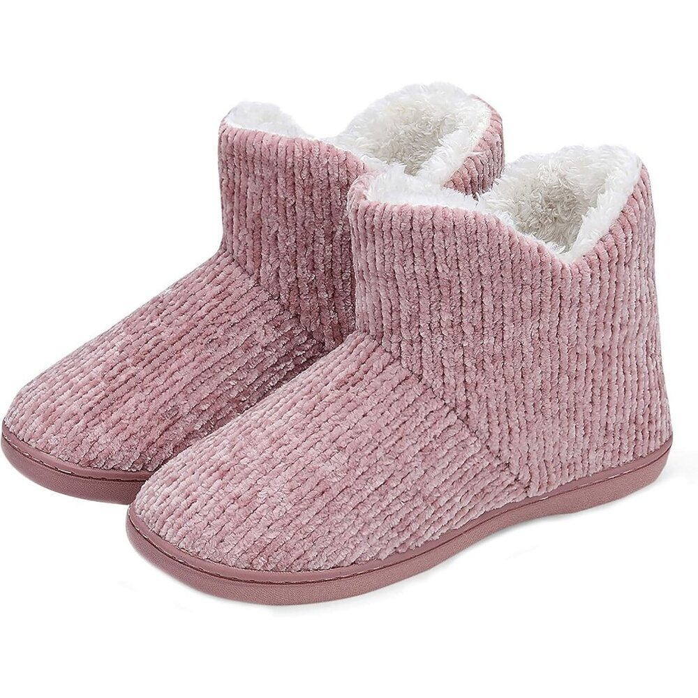 Women's Winter Warm Fluffy Fur Lined Plush Pink Bootie Slippers Shoes